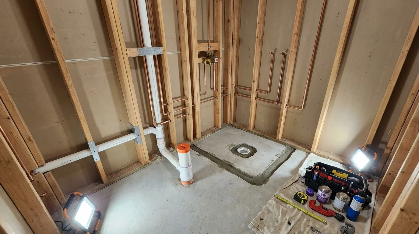 Bathroom rough-in plumbing during remodel by Johns Plumbing LLC in Zionsville