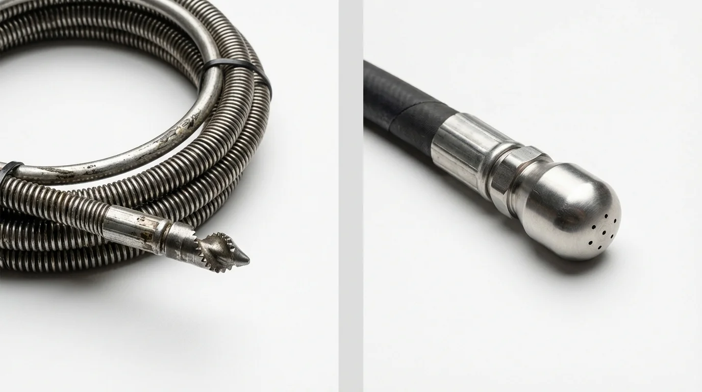 Drain snake cable and hydro jetting nozzle used for drain cleaning in Zionsville, IN