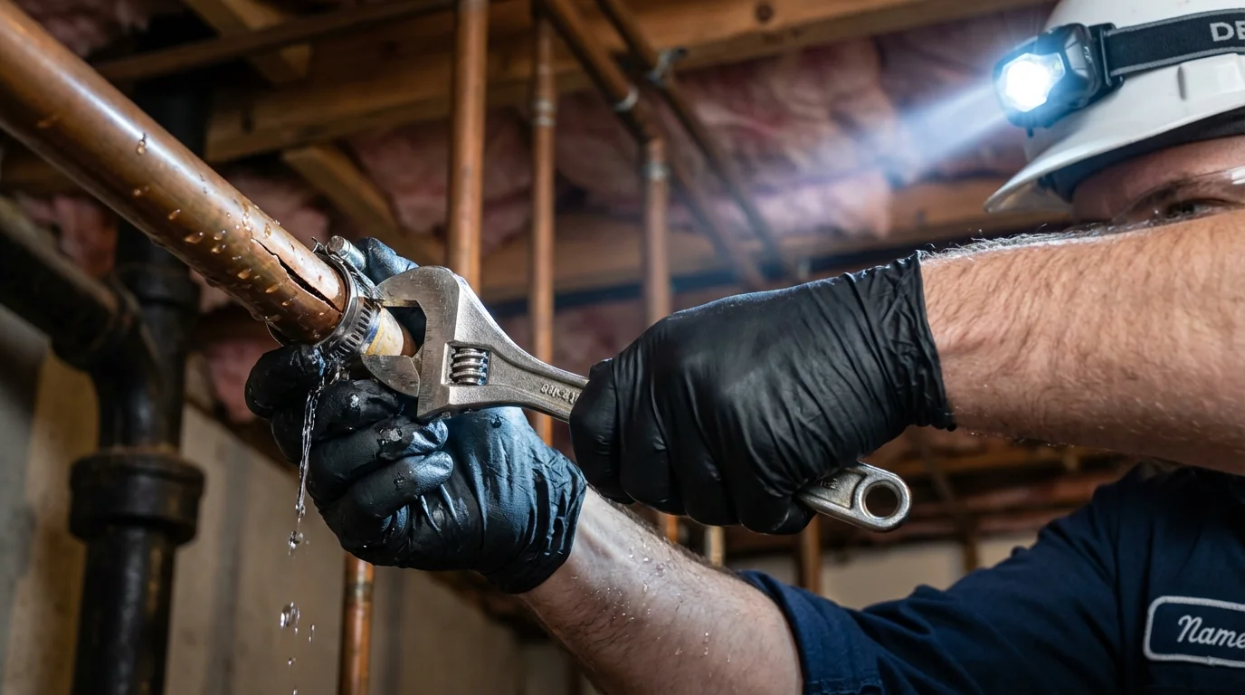 Emergency pipe clamp repair being performed by a Johns Plumbing LLC plumber in Zionsville