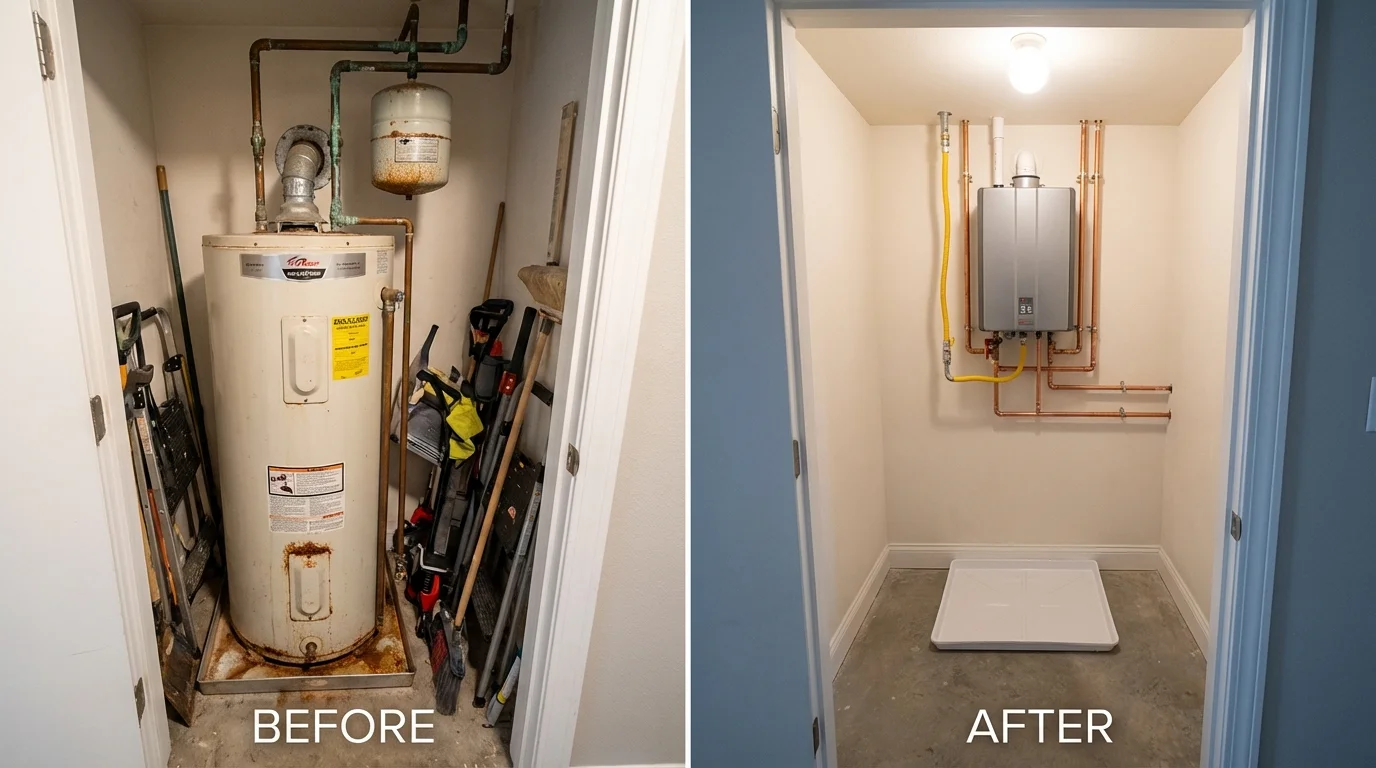Tank water heater versus wall-mounted tankless unit comparison for Zionsville, IN homeowners