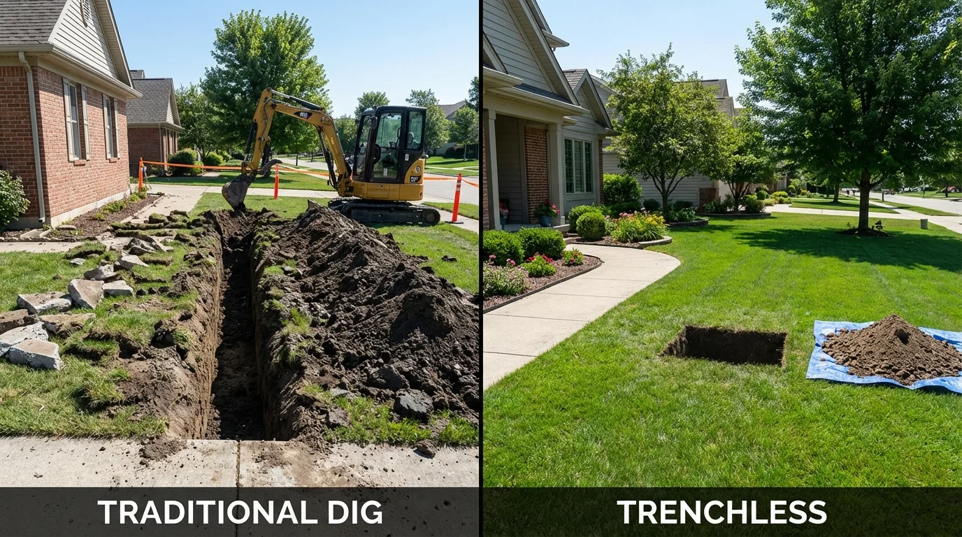 Trenchless sewer repair with minimal yard damage versus traditional excavation in Zionsville, IN