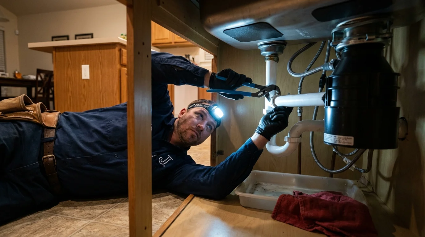 P-trap and supply line connections under a kitchen sink showing a common leak point in Zionsville, IN